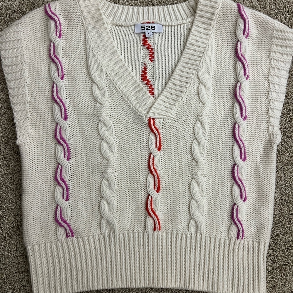 525 America Women's V-Neck Sweater in Cream with Red and Purple Accents